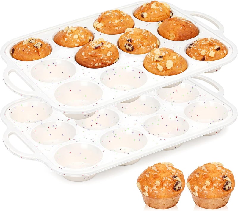 AOTASO 2 Pcs Silicone Muffin Pan for Baking with Metal Frame, Nonstick 12 Cup Regular Size Cupcake Pan, Silicone Muffin Tray for Egg Bites (Cream) - Image 1