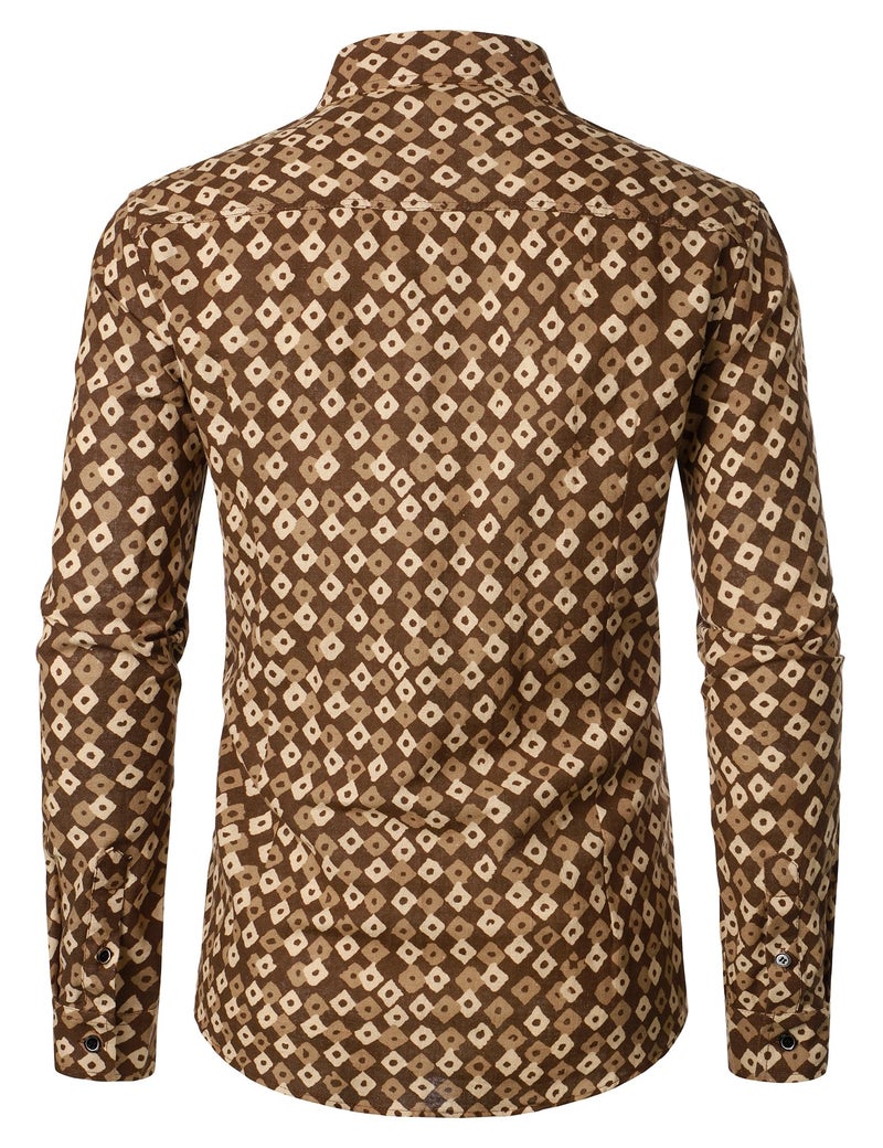 PARKLEES Men's Linen 70s Hippie Traditional Style Pattern Printed Long Sleeve Button up Shirt Coffee XX-Large - Image 3