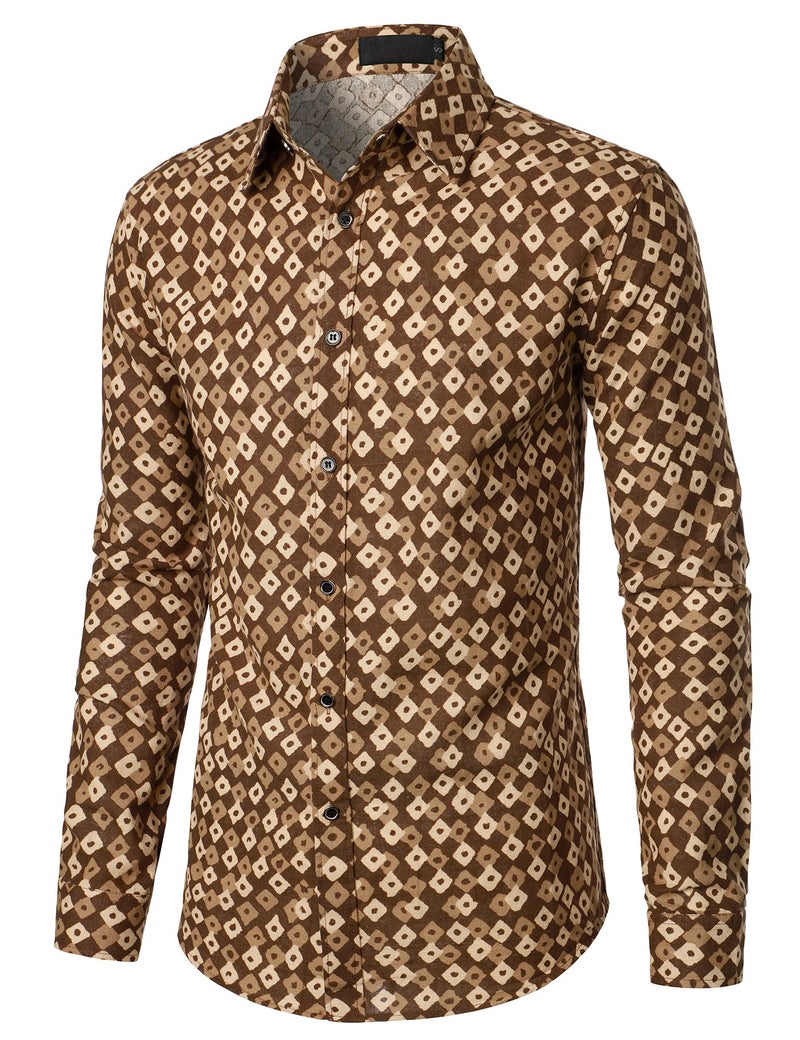 PARKLEES Men's Linen 70s Hippie Traditional Style Pattern Printed Long Sleeve Button up Shirt Coffee XX-Large - Image 2