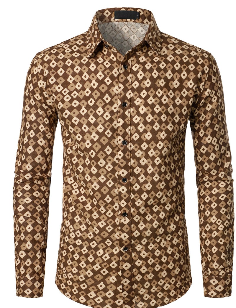 PARKLEES Men's Linen 70s Hippie Traditional Style Pattern Printed Long Sleeve Button up Shirt Coffee XX-Large - Image 1