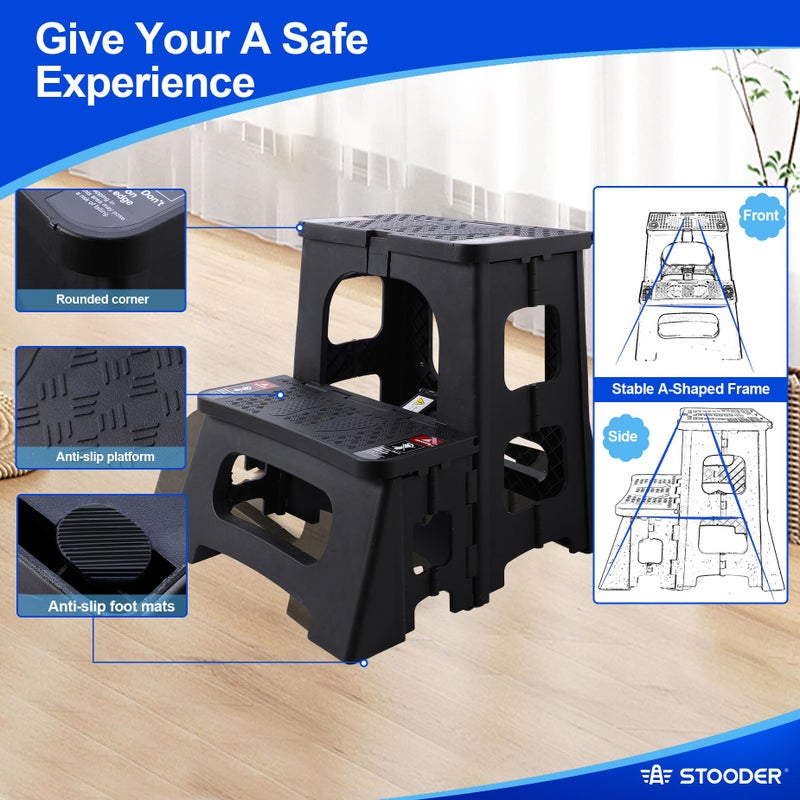 STOODER Folding 2-Step Stool - Upgraded Stable A-Frame, Safety Lock, Anti-Slip Rubber Feet, 300lb Capacity, No Assembly - 8" 17" Step Stools for Kitchen, Bathroom, Bed, RV, Home, Office (Black) - Image 2