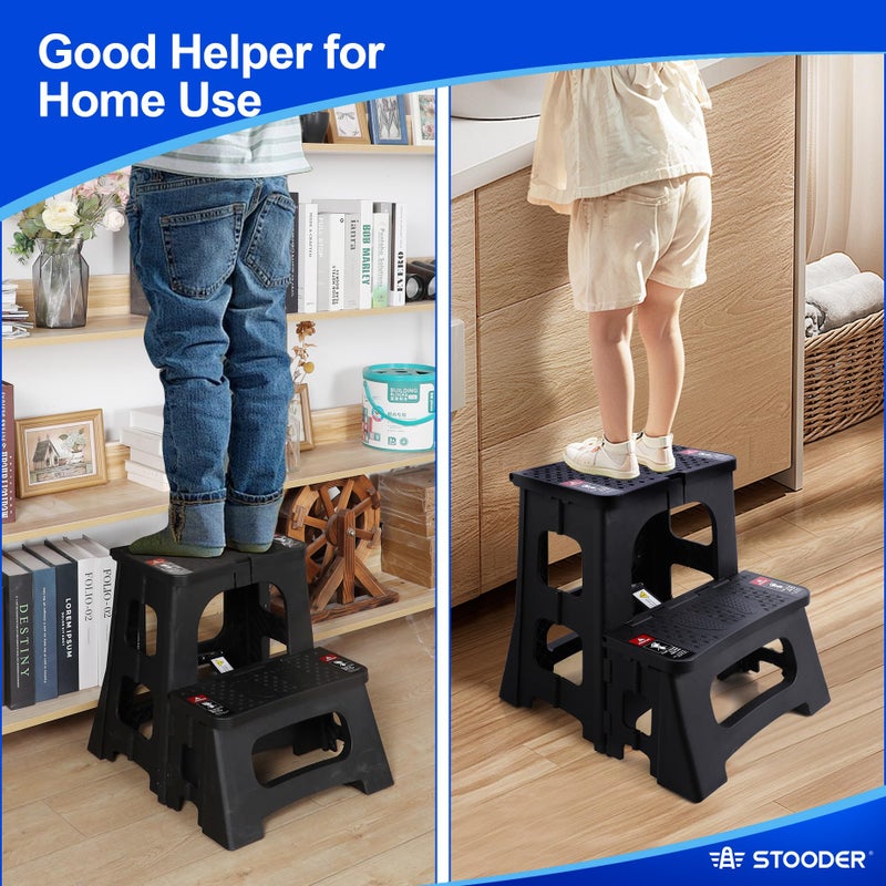 STOODER Folding 2-Step Stool - Upgraded Stable A-Frame, Safety Lock, Anti-Slip Rubber Feet, 300lb Capacity, No Assembly - 8" 17" Step Stools for Kitchen, Bathroom, Bed, RV, Home, Office (Black) - Image 3
