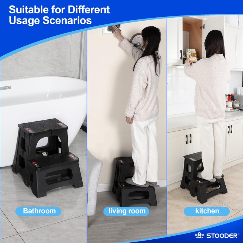 STOODER Folding 2-Step Stool - Upgraded Stable A-Frame, Safety Lock, Anti-Slip Rubber Feet, 300lb Capacity, No Assembly - 8" 17" Step Stools for Kitchen, Bathroom, Bed, RV, Home, Office (Black) - Image 4