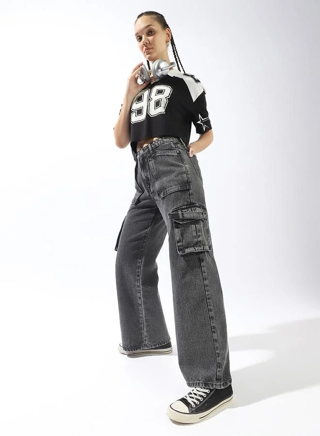 Women's Grey 100% Cotton Textured Full Wide Leg Jeans