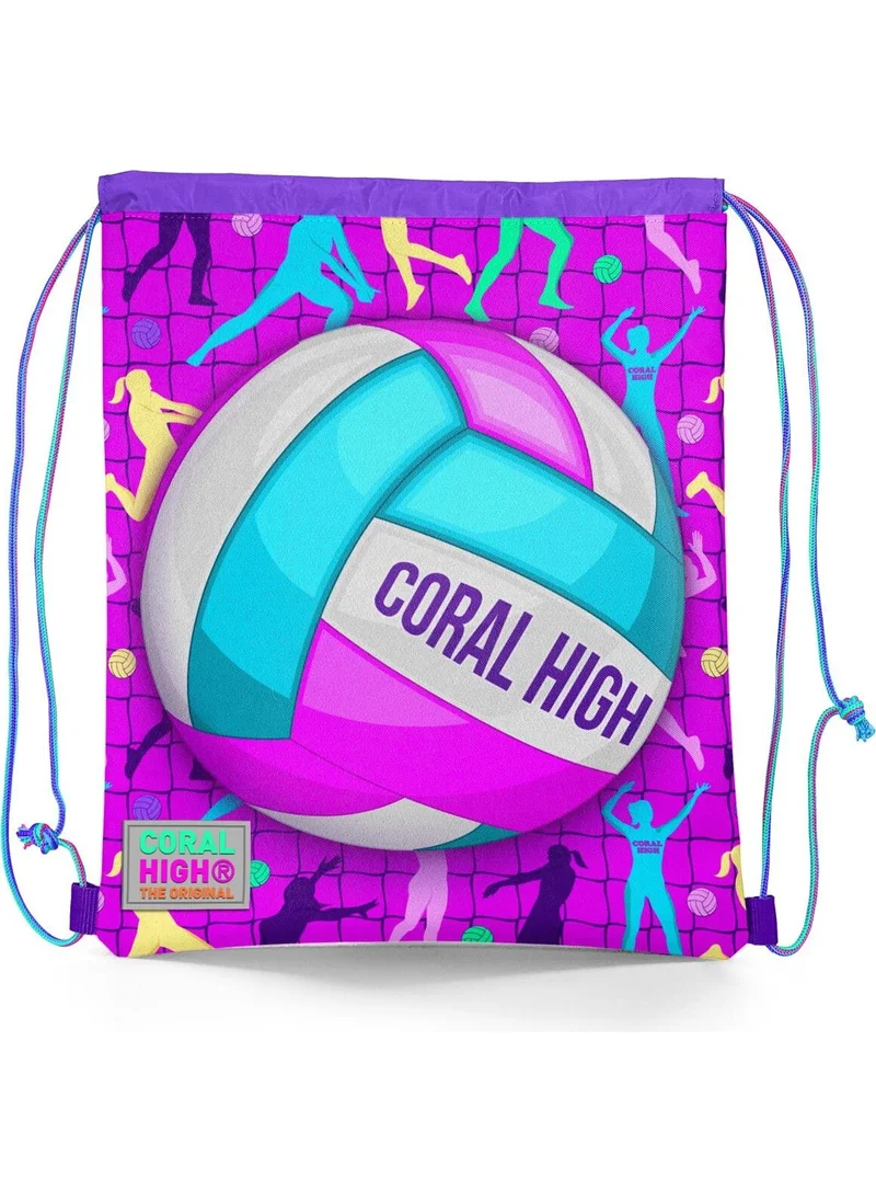 CORAL HIGH Kids Pink Purple Volleyball Patterned Drawstring Backpack 12649