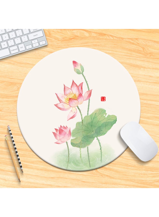 National Tide Lotus Small Size Mouse Pad Chinese Style Brush Painting Office Desk Mat Lock Edge Thickened Round Simple Flower And Bird For Men 