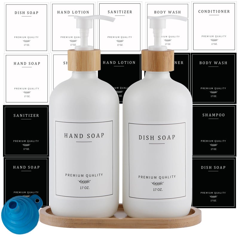 eggs sound White Glass Soap Dispenser - Hand Dish Soap Dispenser Set For Kitchen  Bathroom With Sturdy Pump And Tray  14 Waterproof Labels Refillable Soap Lotion Dispenser-White - Image 1