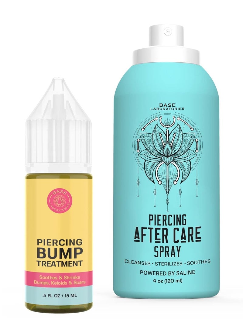 BASE LABORATORIES BASE LABORATORIES Piercing Aftercare - Piercing Bump Treatment Kit | Keloid Bump Removal Oil + Piercing Aftercare Spray for Ears, Nose, Body(4oz) | Piercing Cleaner Saline Solution Spray 15ml + 120ml  - Image 1
