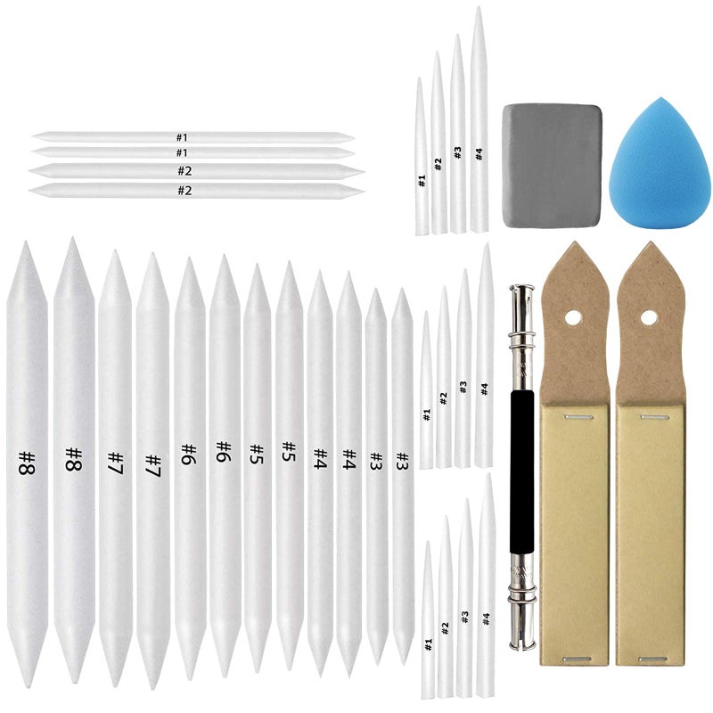 KOOTIKO 33 Pcs Blending Stumps and Tortillions Paper Art Blenders Drawing with Sandpaper Pencil Sharpener Extension Kneaded Eraser Rubbing Sponge for Student Artist Charcoal Sketch Drawing Tool - Image 1