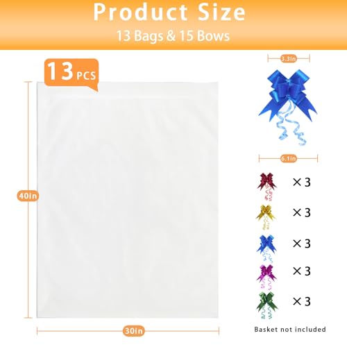 Volokitx 13-Pack 30x40 Inch Clear Cellophane Bags with 15 Colorful Pull Bows, Large Cellophane Wrap for Gift Baskets, Baby Showers, Raffles, and Charity Auctions - Image 2