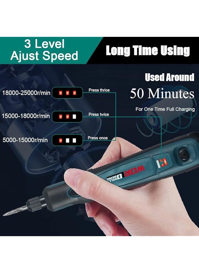 إيروريكس مجموعة أقلام النقش الكهربائية اللاسلكية USB الصغيرة ذات السرعات الثلاث الدوارة لنقش المجوهرات والجلد والخشب والزجاج، 42 قطعة من أدوات النقش على المعادن مع 30 بتًا واستنسل  - Image 3