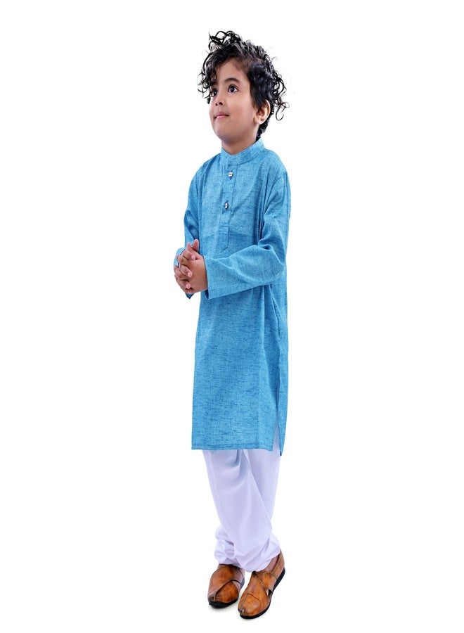 VAH- Kya Bat Hai !! Ethnic Sky Blue Wear Cotton Blend Full Sleeve Plain Only Kurta for Kids - Image 4