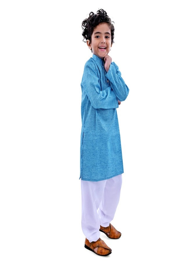 VAH- Kya Bat Hai !! Ethnic Sky Blue Wear Cotton Blend Full Sleeve Plain Only Kurta for Kids - Image 3