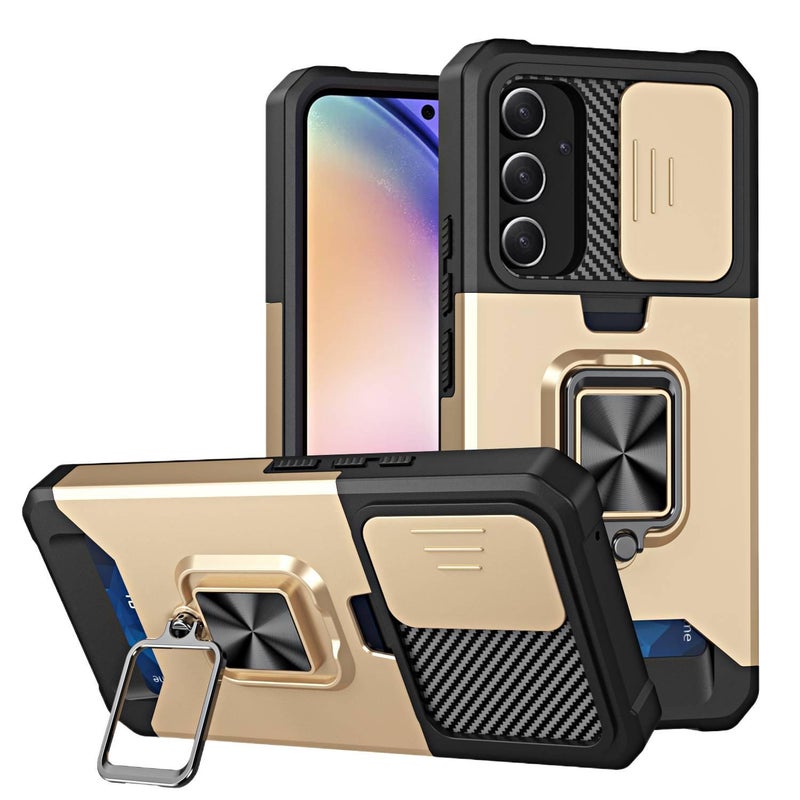 غطاء واقي بTPU + PC باللون Gold بوظيفة حامل من مادة TPU لـ Samsung S25 Ultra / Samsung S25 مع حامل بطاقات وحامل قائم مع مقاوم للصدمات مع حماية من السقوط للسفر للمكتب سهل الحمل - Image 1