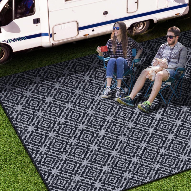 GOTGELIF Outdoor Camping Rug Waterproof 9x12FT, Large Reversible Stain&UV Resistant Plastic Straw RV Rug for Outside Patio Pool Deck Beach Indoor, Area Carpet Mat with Portable Bag&4 Stakes-Black Grey - Image 1