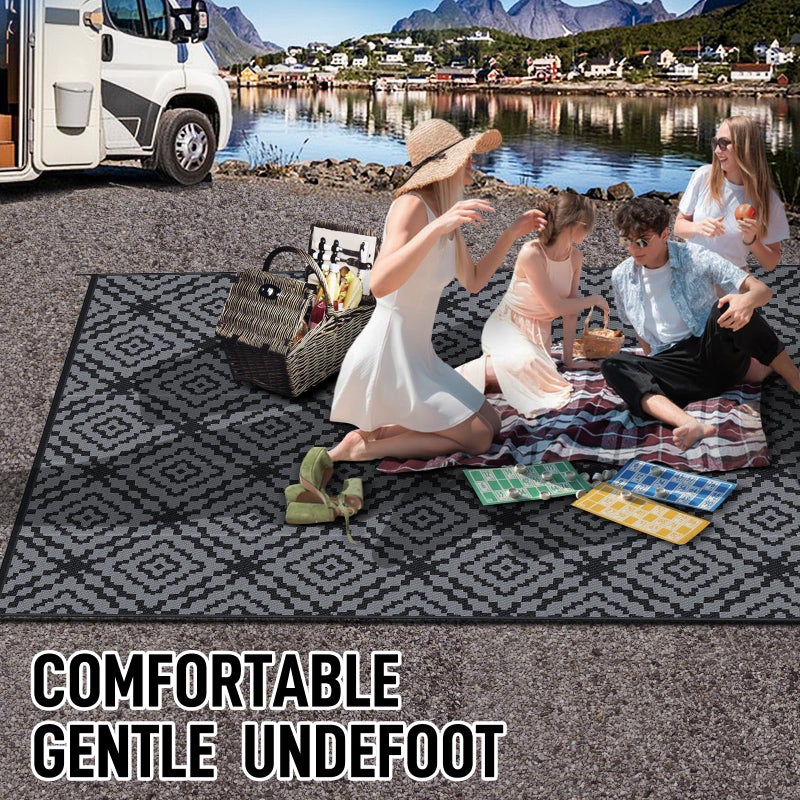 GOTGELIF Outdoor Camping Rug Waterproof 9x12FT, Large Reversible Stain&UV Resistant Plastic Straw RV Rug for Outside Patio Pool Deck Beach Indoor, Area Carpet Mat with Portable Bag&4 Stakes-Black Grey - Image 5