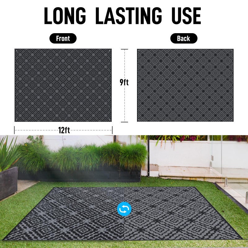 GOTGELIF Outdoor Camping Rug Waterproof 9x12FT, Large Reversible Stain&UV Resistant Plastic Straw RV Rug for Outside Patio Pool Deck Beach Indoor, Area Carpet Mat with Portable Bag&4 Stakes-Black Grey - Image 2