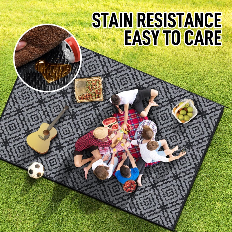 GOTGELIF Outdoor Camping Rug Waterproof 9x12FT, Large Reversible Stain&UV Resistant Plastic Straw RV Rug for Outside Patio Pool Deck Beach Indoor, Area Carpet Mat with Portable Bag&4 Stakes-Black Grey - Image 4