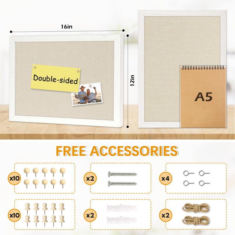 DOLLAR BOSS Bulletin Boards with Linen 2-Pack 16''X 12'' Cork Board for Walls Wood Framed Bulletin Boards, Small Pin Board for Home Kitchen Office Decorative Hanging 20 Pushpins - Image 3