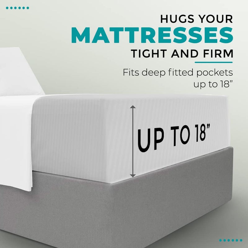 FEATHER & STITCH NEW Feather & Stitch 100% Cotton 1 Piece Damask Stripe King Fitted Sheet 500 Thread Count White 18 Inch Extra Deep Pocket Luxury Sateen Weave Stretchable Boxer Elastic Fits Mattress Perfectly  - Image 4
