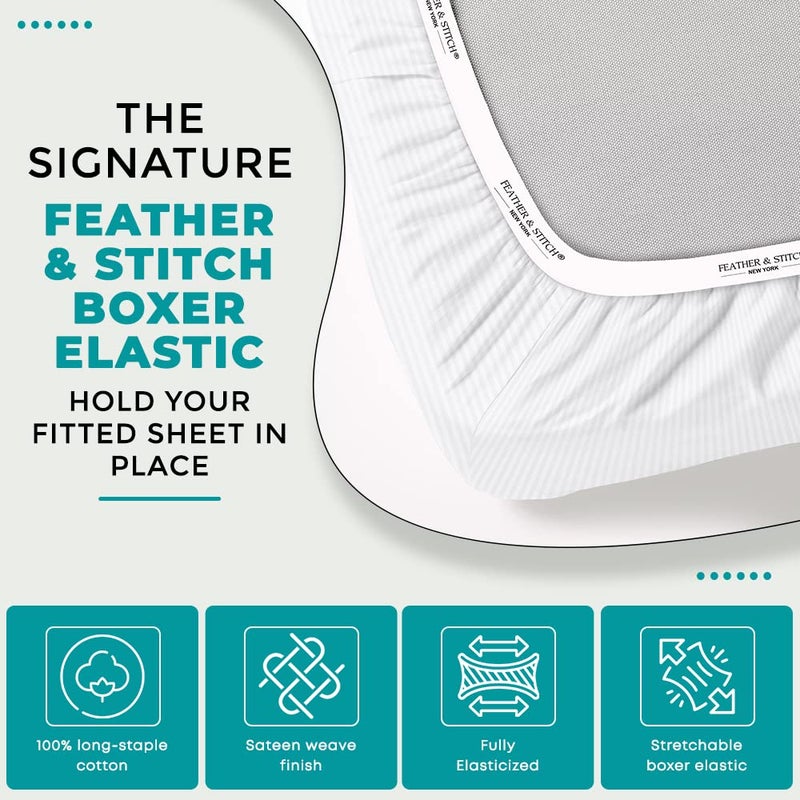FEATHER & STITCH NEW Feather & Stitch 100% Cotton 1 Piece Damask Stripe King Fitted Sheet 500 Thread Count White 18 Inch Extra Deep Pocket Luxury Sateen Weave Stretchable Boxer Elastic Fits Mattress Perfectly  - Image 3