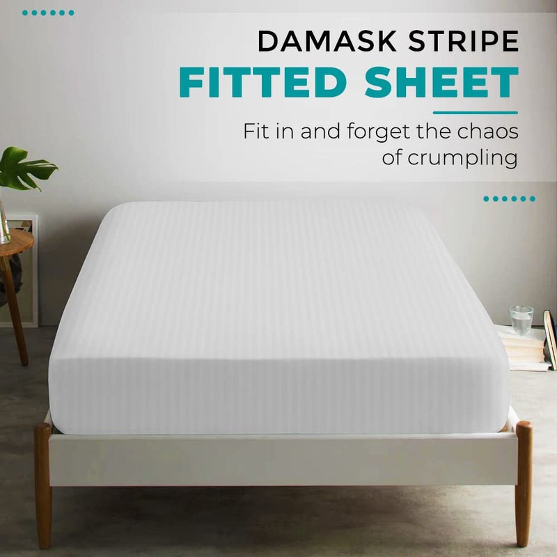 FEATHER & STITCH NEW Feather & Stitch 100% Cotton 1 Piece Damask Stripe King Fitted Sheet 500 Thread Count White 18 Inch Extra Deep Pocket Luxury Sateen Weave Stretchable Boxer Elastic Fits Mattress Perfectly  - Image 5