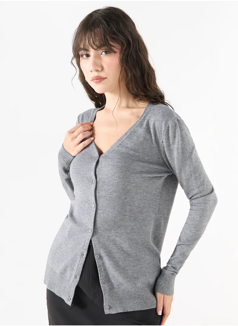 2Xtremz 2Xtremz Solid V-Neck Cardigan with Long Sleeves and Button Closure