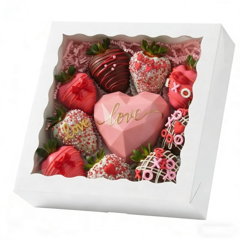 SLShePack 9inch 6Pack White Bakery Boxes,Pie Boxes with Clear Window Treat Boxes for Chocolate Strawberries, Pastries, Muffins, Donuts,Cookie,Breakable Heart&9x9x2.5inch - Image 1