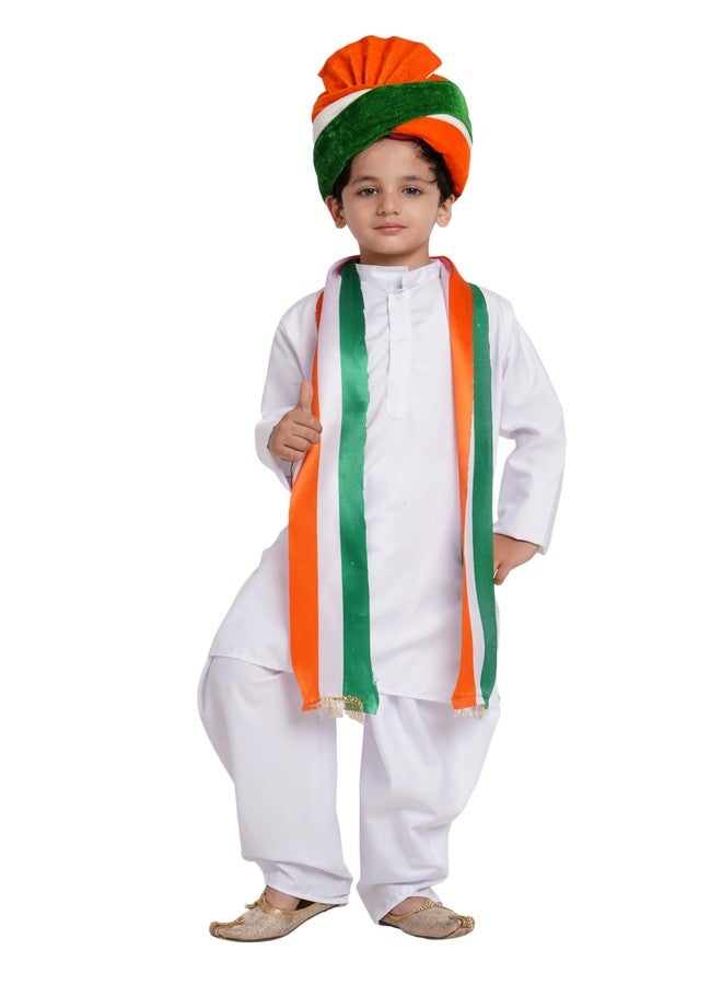 Kaku Fancy Dresses Polyester White Dhoti Kurta With Tricolor Safa & Stole For Kids, Independence Day & Republic Day Costume For Boys & Girls - White, 3-4 Years - Image 1