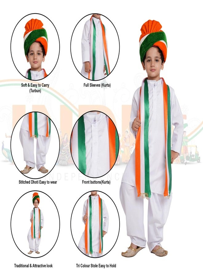 Kaku Fancy Dresses Polyester White Dhoti Kurta With Tricolor Safa & Stole For Kids, Independence Day & Republic Day Costume For Boys & Girls - White, 3-4 Years - Image 3