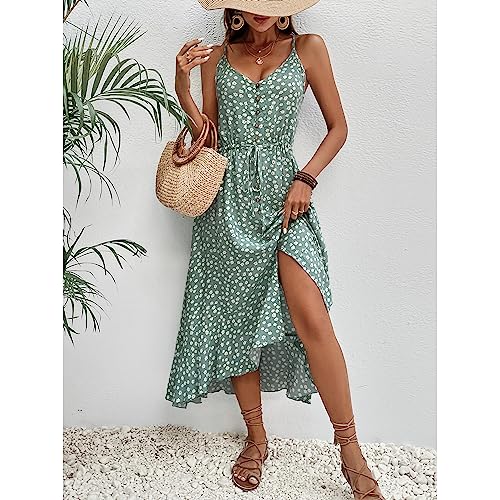 BROVAVE Women's 2025 Summer Casual Boho Sundress Polka Dot Spaghetti Strap V Neck Flowy Midi Dresses(008 Green#2, Medium) - Image 2