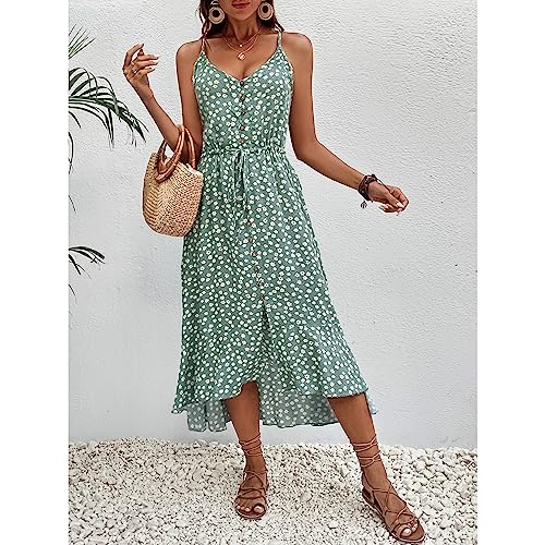 BROVAVE Women's 2025 Summer Casual Boho Sundress Polka Dot Spaghetti Strap V Neck Flowy Midi Dresses(008 Green#2, Medium) - Image 4