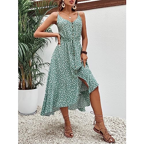 BROVAVE Women's 2025 Summer Casual Boho Sundress Polka Dot Spaghetti Strap V Neck Flowy Midi Dresses(008 Green#2, Medium) - Image 3