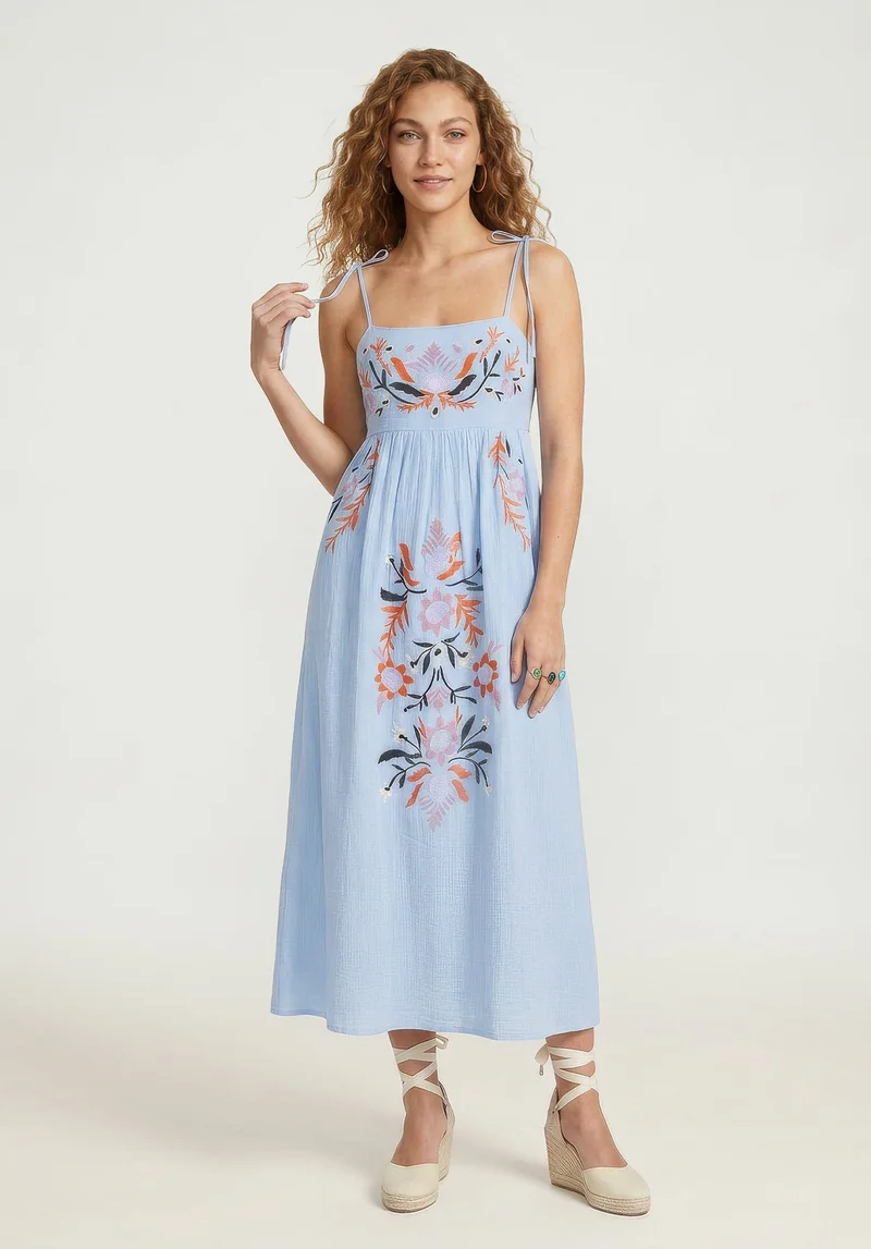 رافاي Furla Smocked Panel Embroidered Midi Dress In Blue