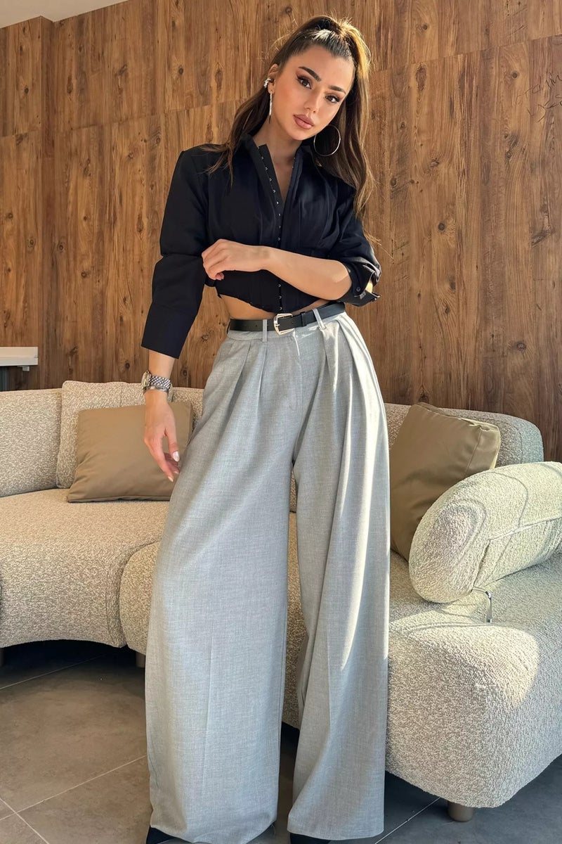 Gülseli Women's Belted Waist Pleated Wide Leg Palazzo Trousers  - Image 2