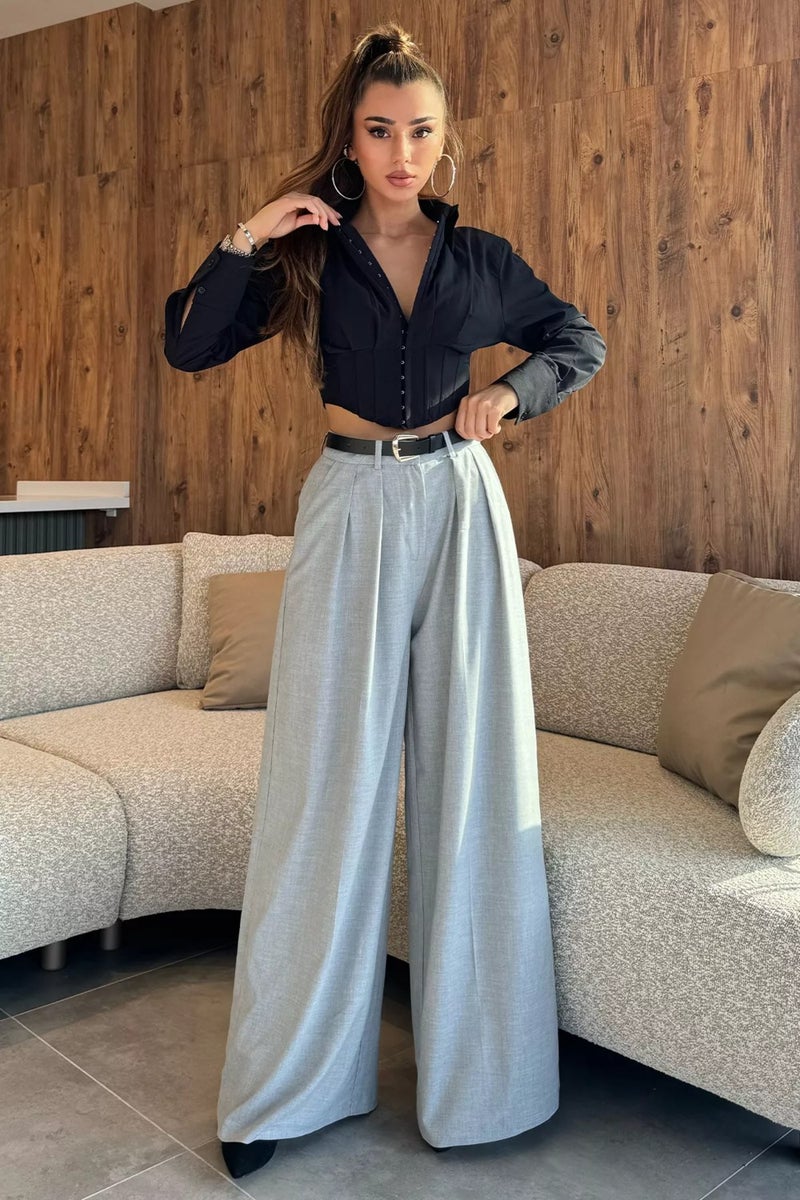 Gülseli Women's Belted Waist Pleated Wide Leg Palazzo Trousers  - Image 1