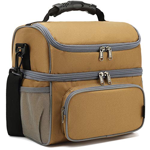FlowFly Double Layer Cooler Insulated Lunch Bag Adult Lunch Box Large Tote Bag for Men Women With Adjustable StrapFront Pocket and Dual Large Mesh Side PocketsBrown