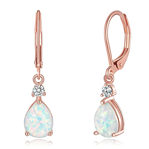 CiNily Rose Gold Plated Teardrop Opal Dangle Earrings for Women Leverback Drop Gemstone Earrings - Image 1