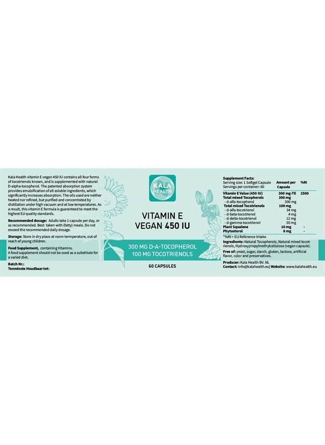 Kala Health - Vitamin E 450 IU 400mg Tocopherol + Tocotrienol Vitamin E Vegan - Alpha Tocopherol + All 4 Tocotrienols – Alpha Tocotrienol + Beta Tocotrienol + Delta Tocotrienol and Gamma Tocotrienol - Image 1