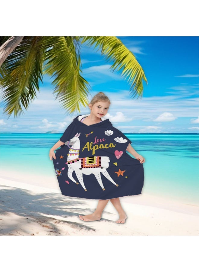 Kids Hooded Poncho Towel, Quick-Dry Microfiber, Dark Navy Alpaca Ethnic Print for Beach Swim Bath - Image 4