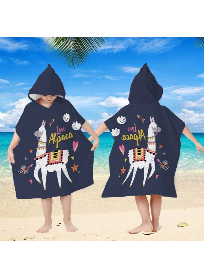 Kids Hooded Poncho Towel, Quick-Dry Microfiber, Dark Navy Alpaca Ethnic Print for Beach Swim Bath - Image 2