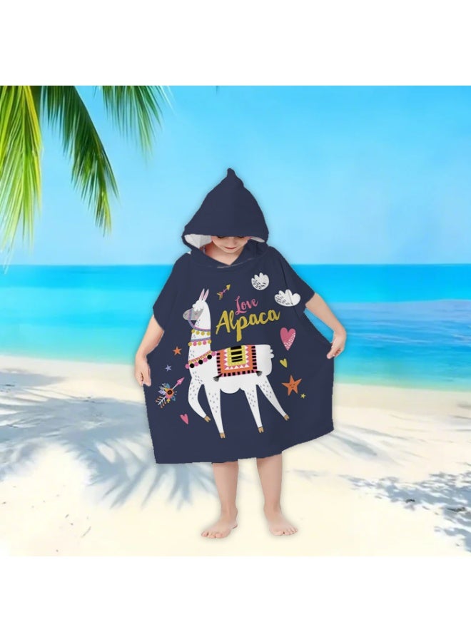 Kids Hooded Poncho Towel, Quick-Dry Microfiber, Dark Navy Alpaca Ethnic Print for Beach Swim Bath - Image 3
