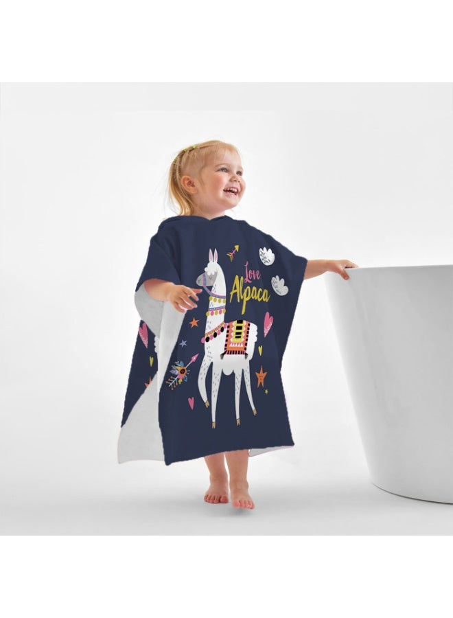 Kids Hooded Poncho Towel, Quick-Dry Microfiber, Dark Navy Alpaca Ethnic Print for Beach Swim Bath - Image 5