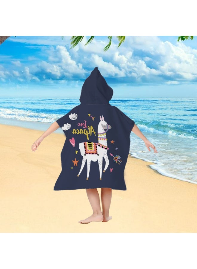 Kids Hooded Poncho Towel, Quick-Dry Microfiber, Dark Navy Alpaca Ethnic Print for Beach Swim Bath - Image 1