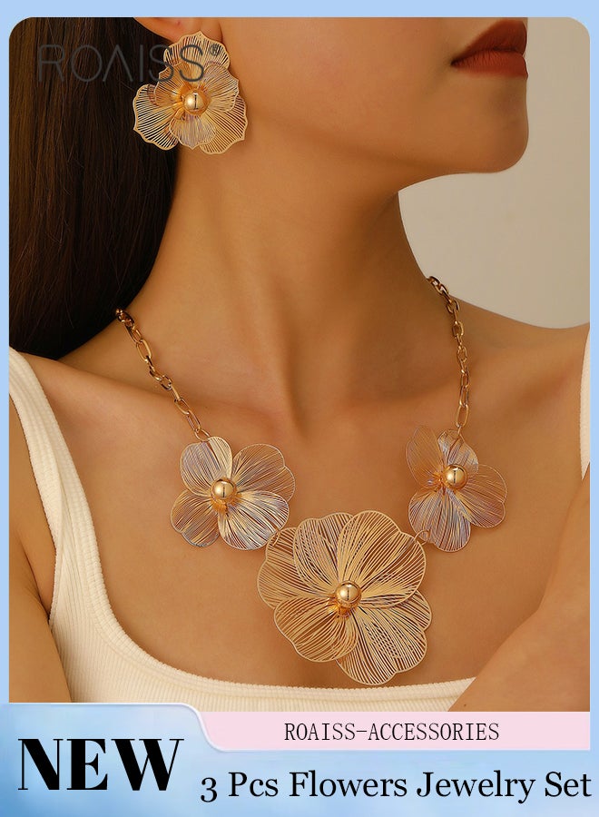 roaiss 3 Pcs Hollow Texture Flower Earrings Necklace Set, Fashionable Pendant Necklace, Exquisite and Elegant Accessories, Suitable for Party Weddings and Daily Wear - Image 1