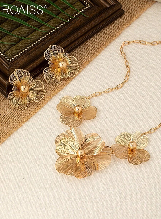 roaiss 3 Pcs Hollow Texture Flower Earrings Necklace Set, Fashionable Pendant Necklace, Exquisite and Elegant Accessories, Suitable for Party Weddings and Daily Wear - Image 3