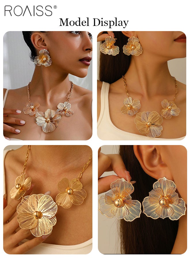 roaiss 3 Pcs Hollow Texture Flower Earrings Necklace Set, Fashionable Pendant Necklace, Exquisite and Elegant Accessories, Suitable for Party Weddings and Daily Wear - Image 2