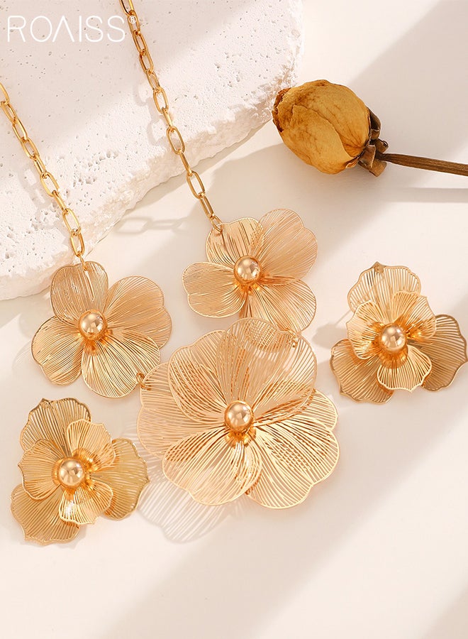 roaiss 3 Pcs Hollow Texture Flower Earrings Necklace Set, Fashionable Pendant Necklace, Exquisite and Elegant Accessories, Suitable for Party Weddings and Daily Wear - Image 4