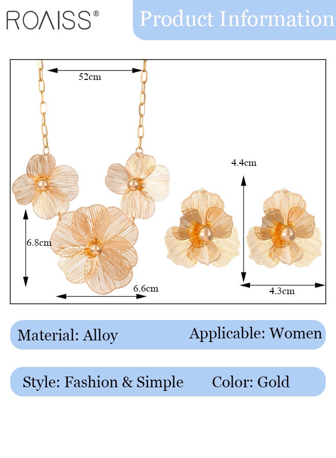 roaiss 3 Pcs Hollow Texture Flower Earrings Necklace Set, Fashionable Pendant Necklace, Exquisite and Elegant Accessories, Suitable for Party Weddings and Daily Wear - Image 5