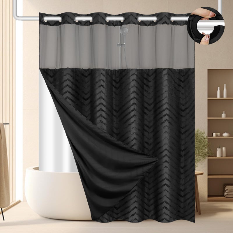 FADOTY No Hook Shower Curtain and Liner Set, Black Snap in Shower Curtain Ringless Chevron Tufted Cloth Waterproof Washable Fabric Bath Curtain with See Through Top Window for Bathroom Hotel 71" x 74" - Image 1